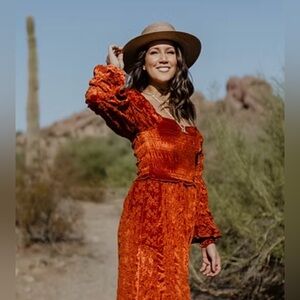 ASOS  velvet broderie shirred midi dress burnt red eyelet lace long sleeve US6